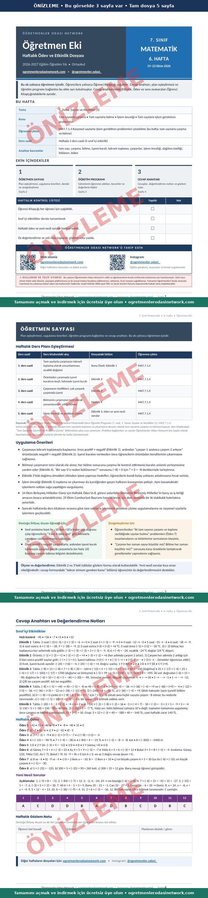 7. Sınıf · Matematik · 6. Hafta · Öğretmen Eki önizleme