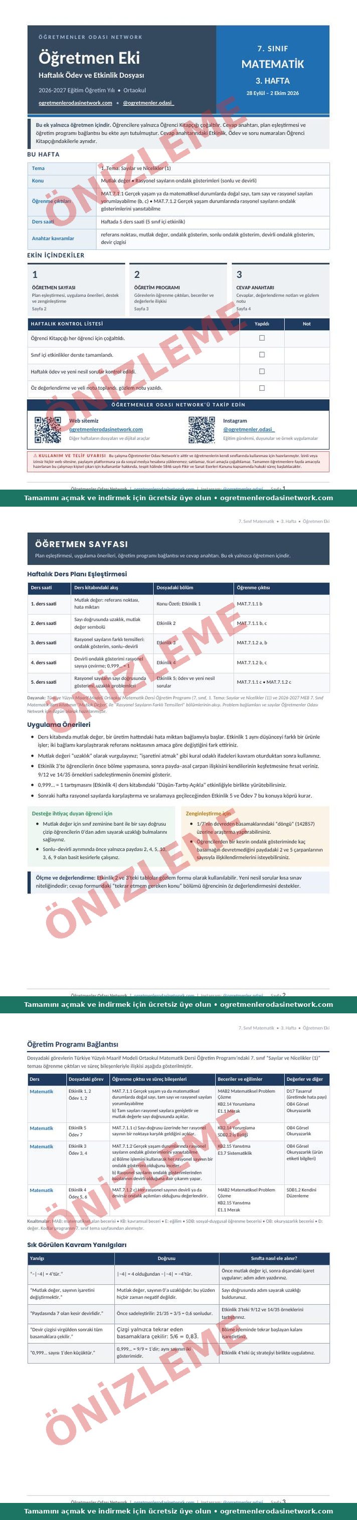 7. Sınıf · Matematik · 3. Hafta · Öğretmen Eki önizleme