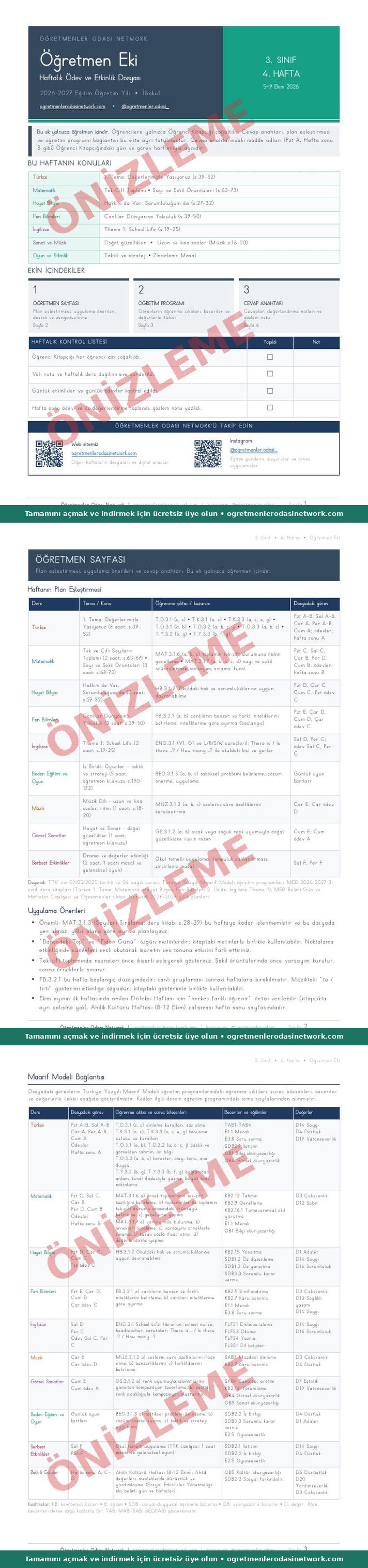 3. Sınıf · 4. Hafta · Öğretmen Eki önizleme