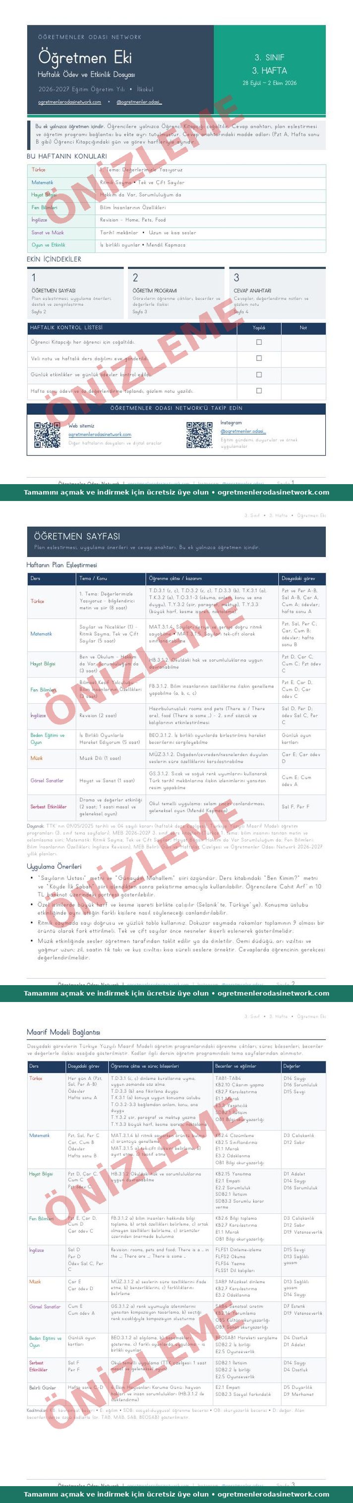 3. Sınıf · 3. Hafta · Öğretmen Eki önizleme