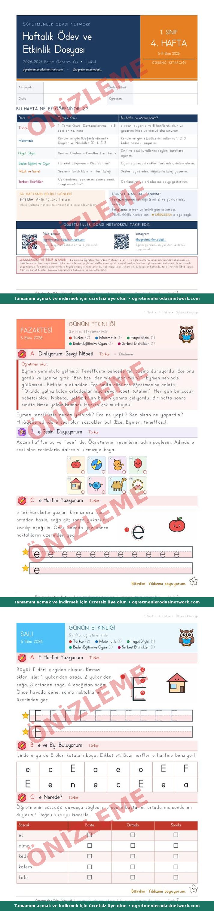 1. Sınıf · 4. Hafta · Öğrenci Kitapçığı önizleme