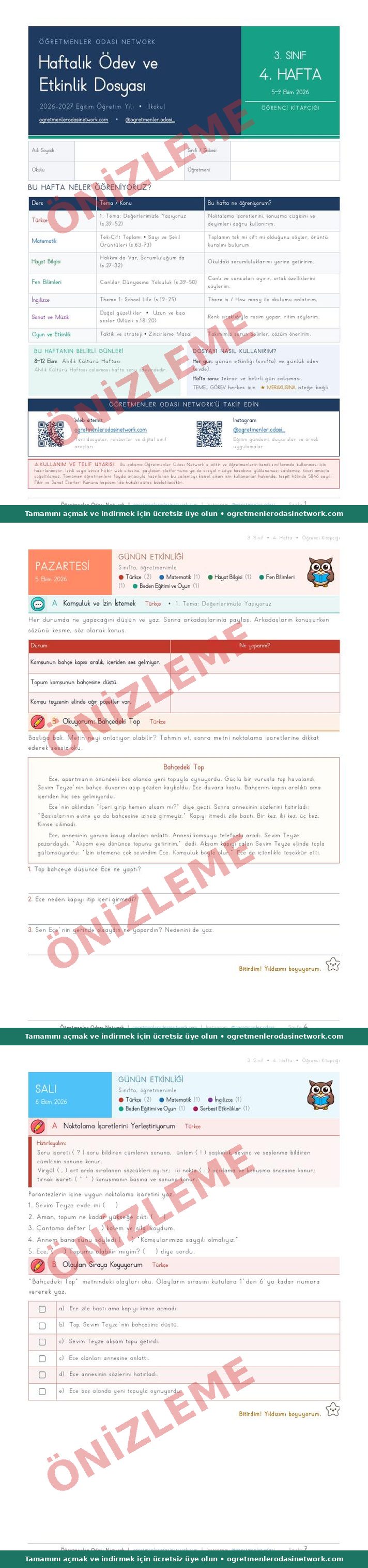 3. Sınıf · 4. Hafta · Öğrenci Kitapçığı önizleme
