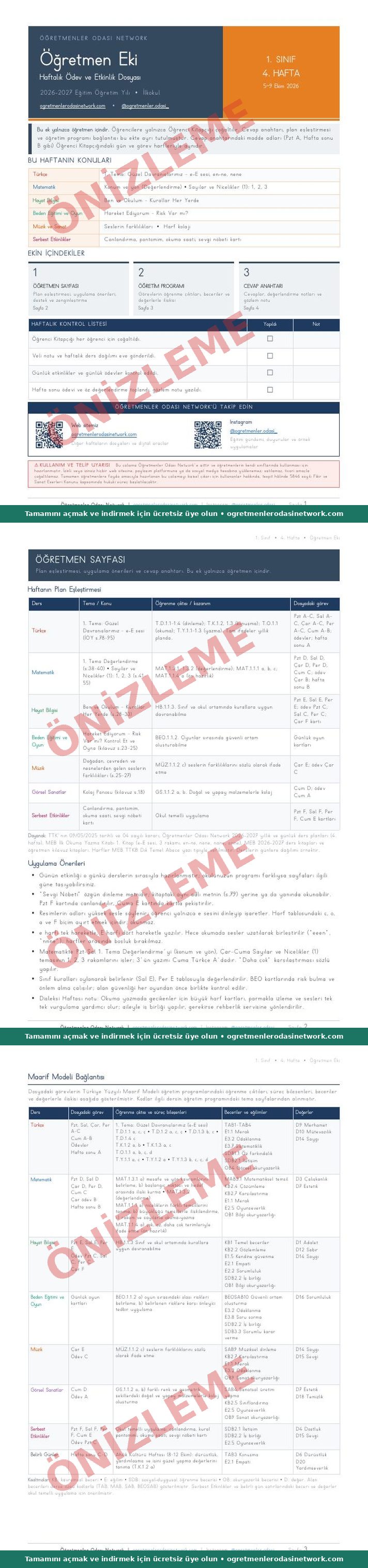 1. Sınıf · 4. Hafta · Öğretmen Eki önizleme