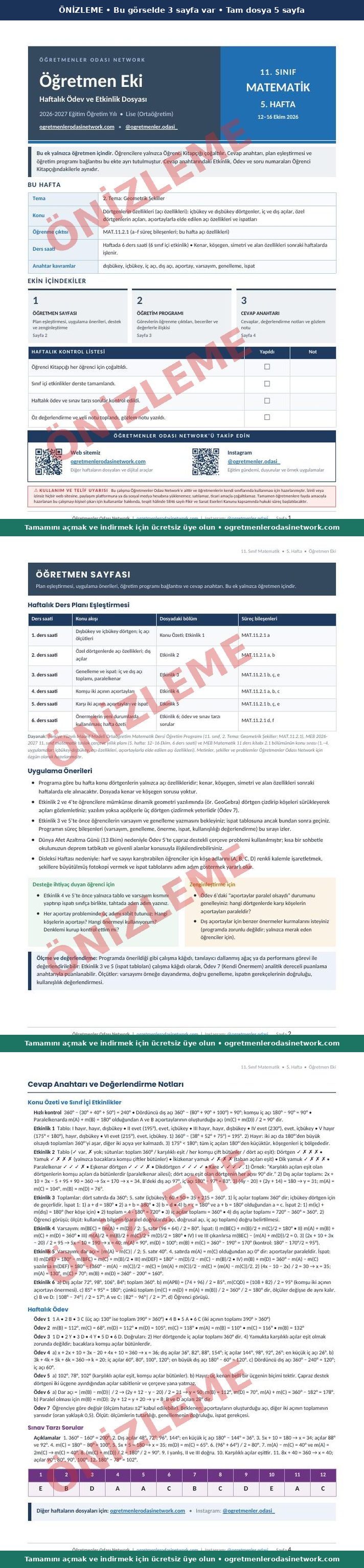 11. Sınıf · Matematik · 5. Hafta · Öğretmen Eki önizleme