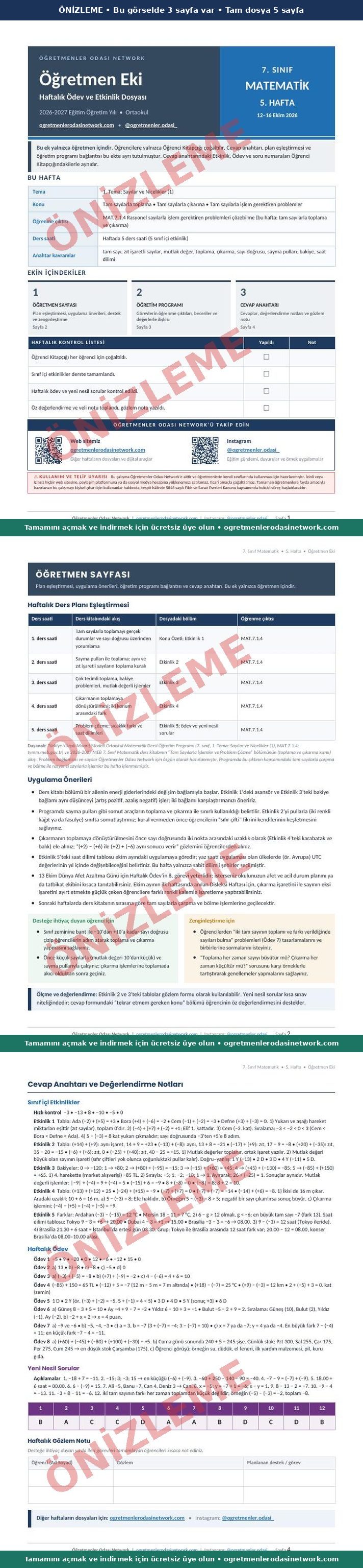 7. Sınıf · Matematik · 5. Hafta · Öğretmen Eki önizleme