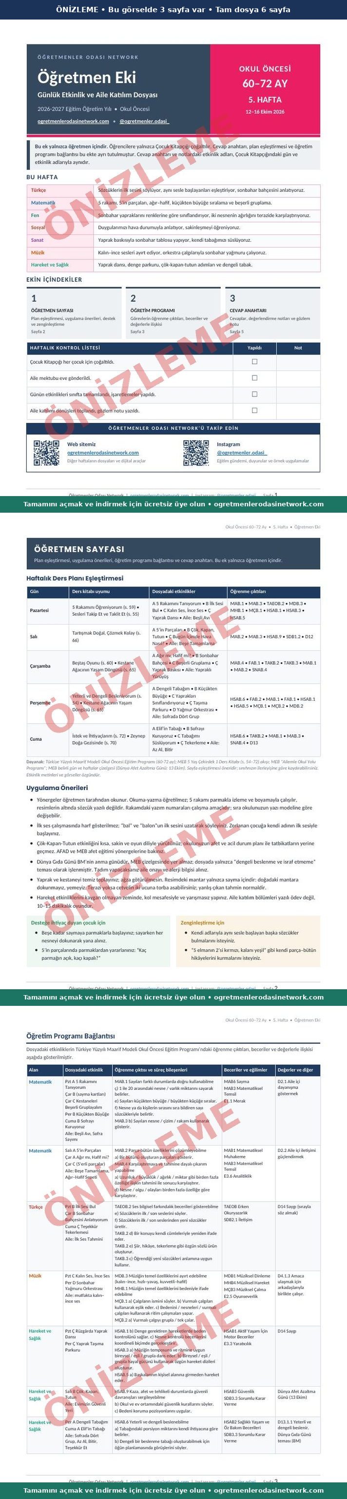 60–72 Ay · 5. Hafta · Öğretmen Eki önizleme