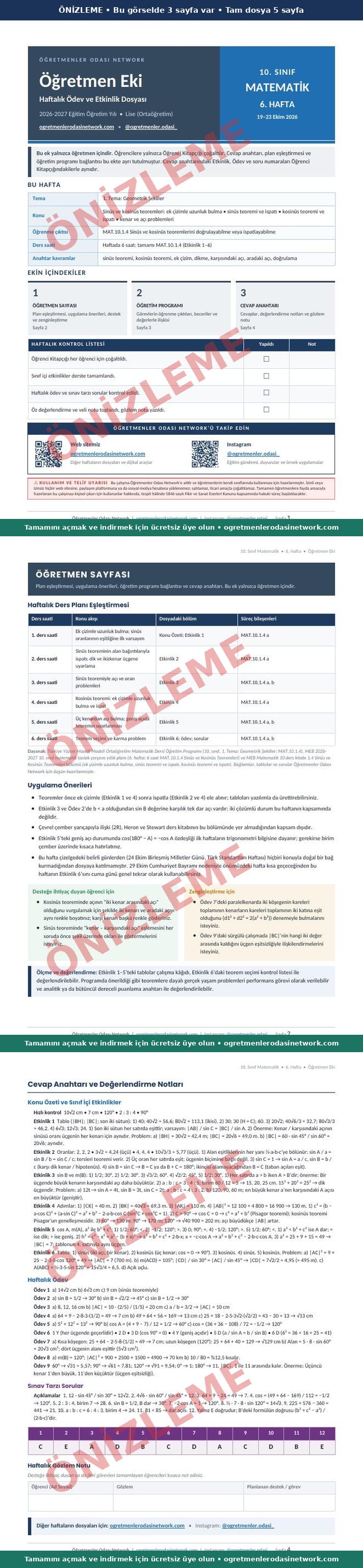 10. Sınıf · Matematik · 6. Hafta · Öğretmen Eki önizleme