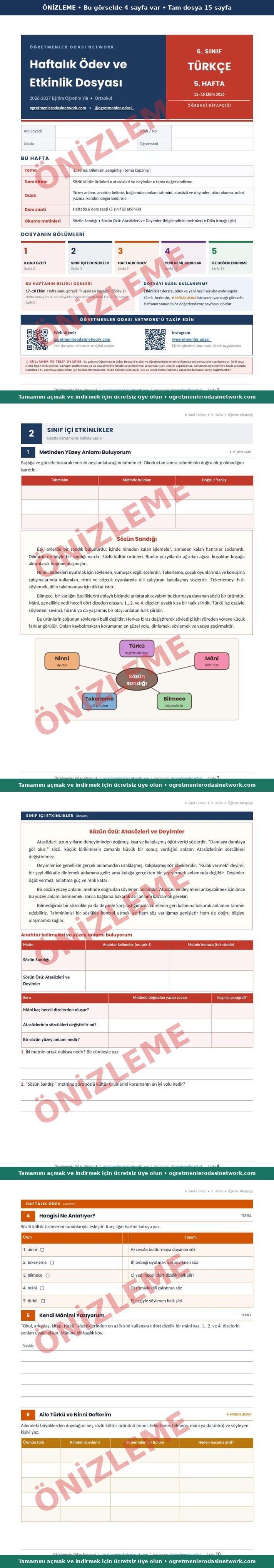 6. Sınıf · Türkçe · 5. Hafta · Öğrenci Kitapçığı önizleme