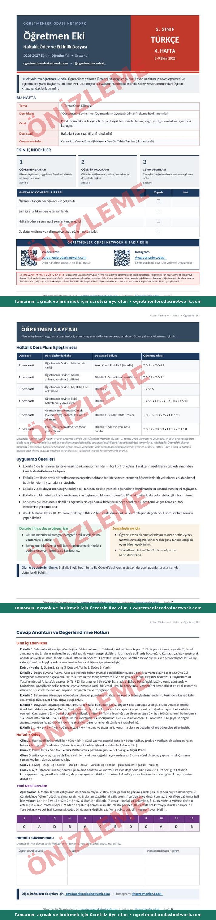5. Sınıf · Türkçe · 4. Hafta · Öğretmen Eki önizleme