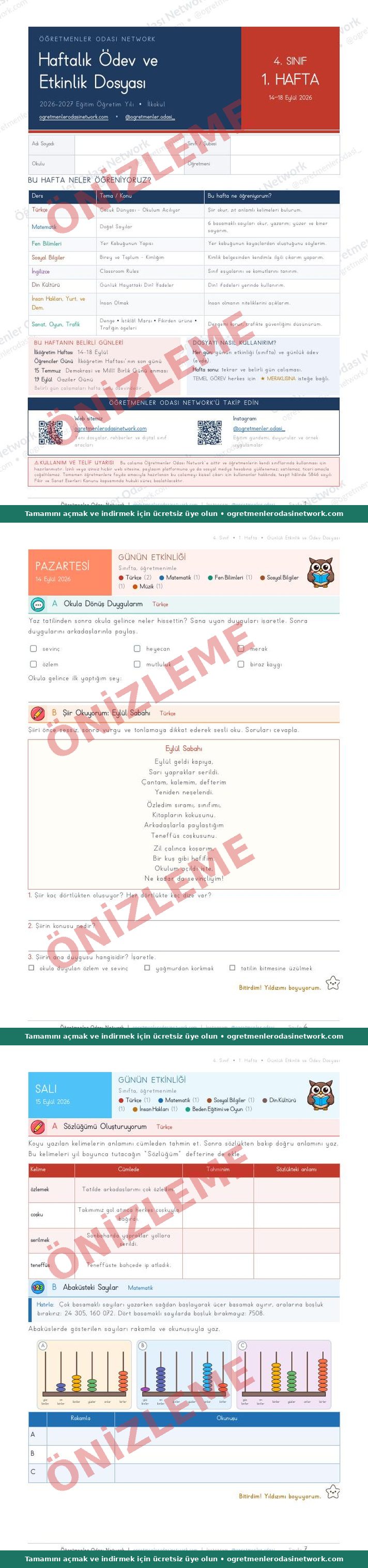 4. Sınıf · 1. Hafta · Ödev ve Etkinlik Dosyası önizleme