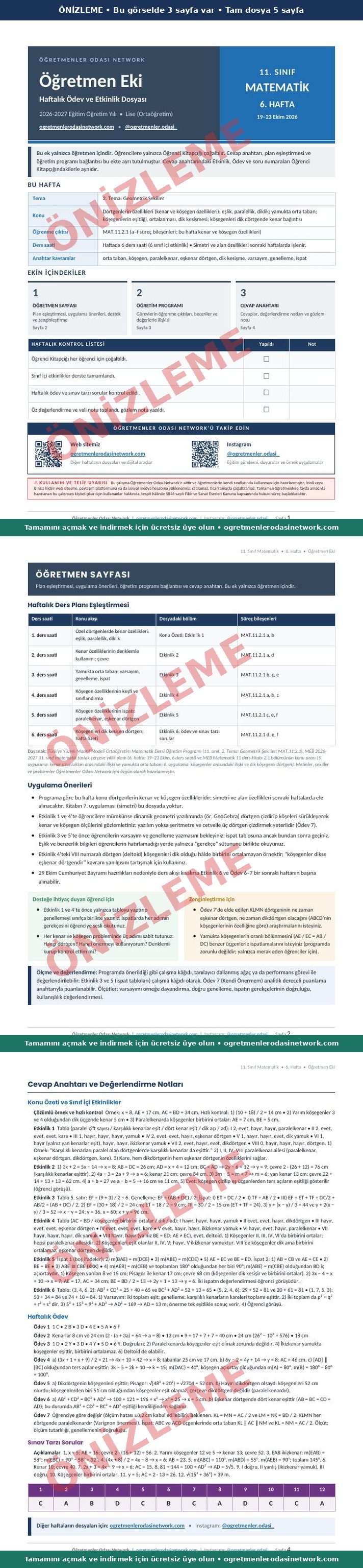 11. Sınıf · Matematik · 6. Hafta · Öğretmen Eki önizleme