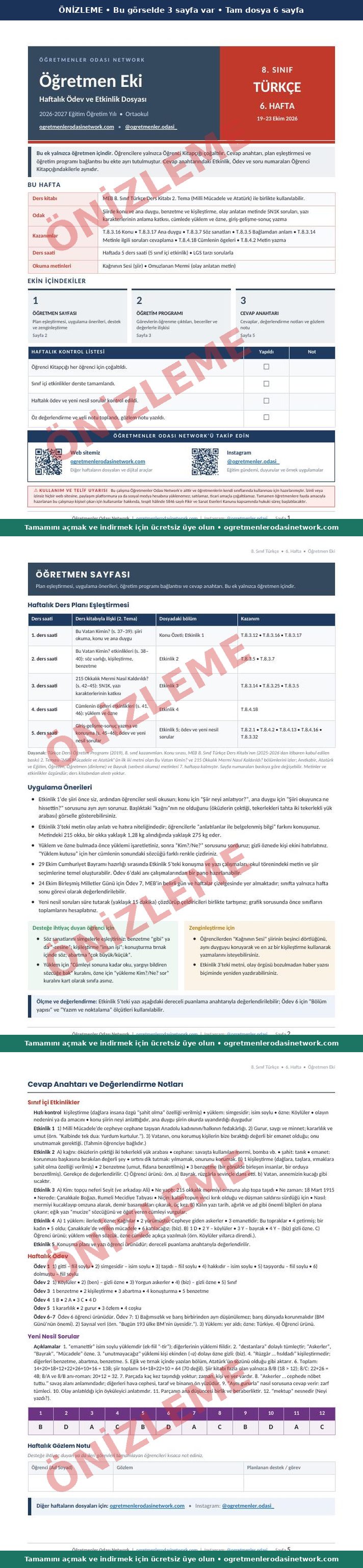 8. Sınıf · Türkçe · 6. Hafta · Öğretmen Eki önizleme