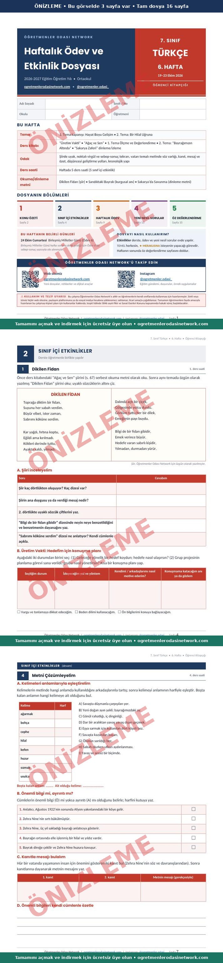 7. Sınıf · Türkçe · 6. Hafta · Öğrenci Kitapçığı önizleme