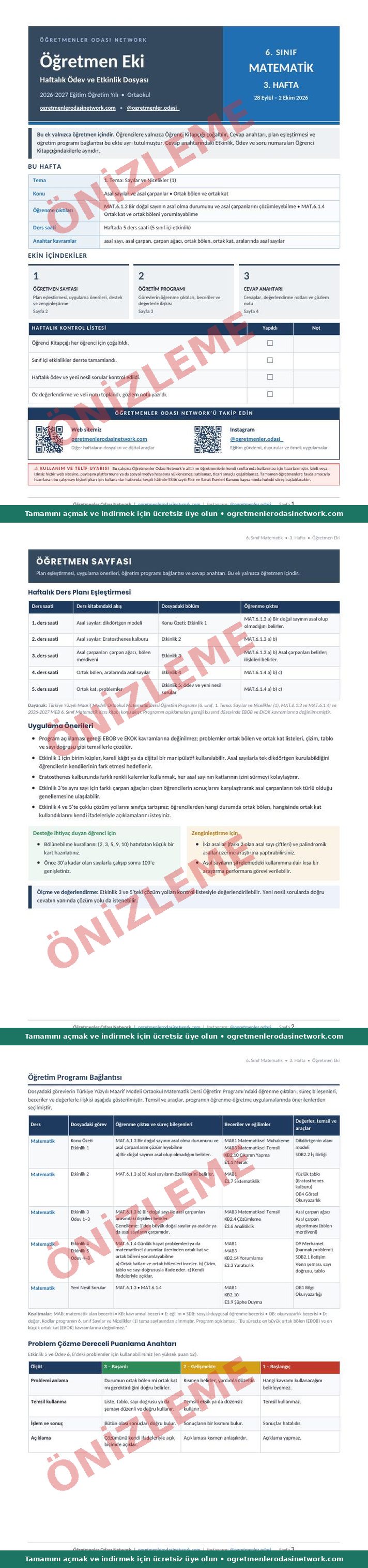 6. Sınıf · Matematik · 3. Hafta · Öğretmen Eki önizleme
