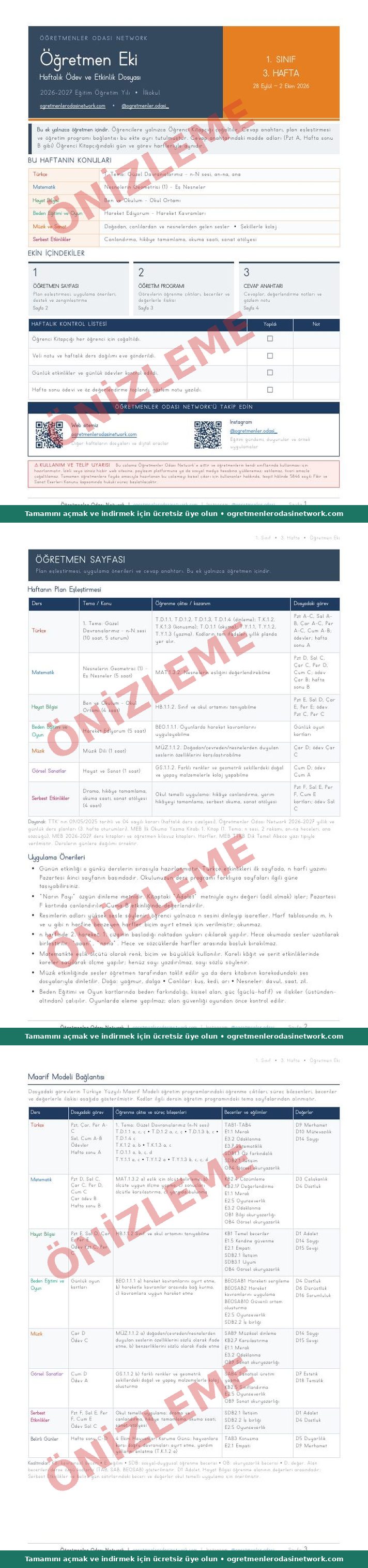 1. Sınıf · 3. Hafta · Öğretmen Eki önizleme