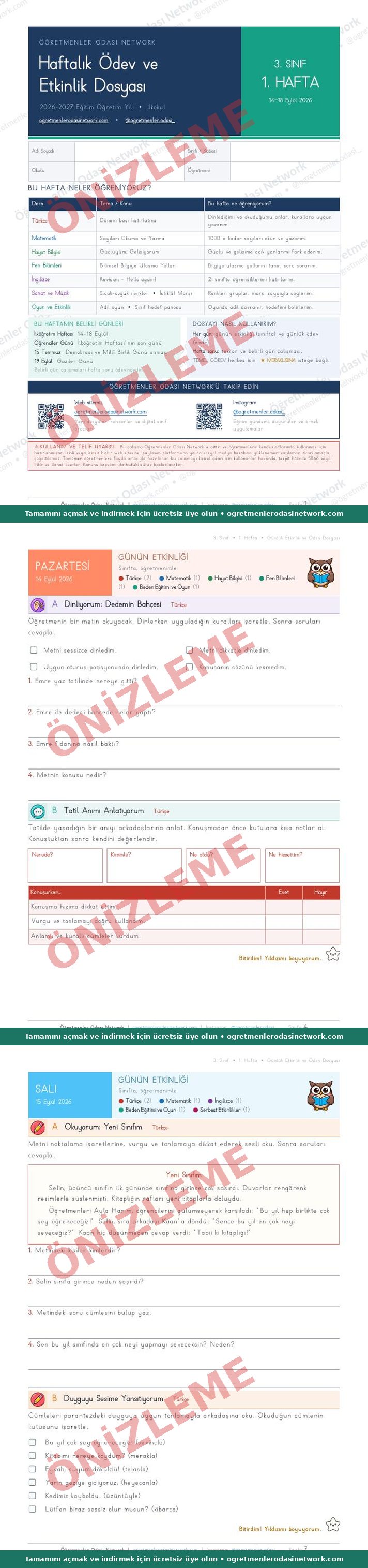 3. Sınıf · 1. Hafta · Ödev ve Etkinlik Dosyası önizleme