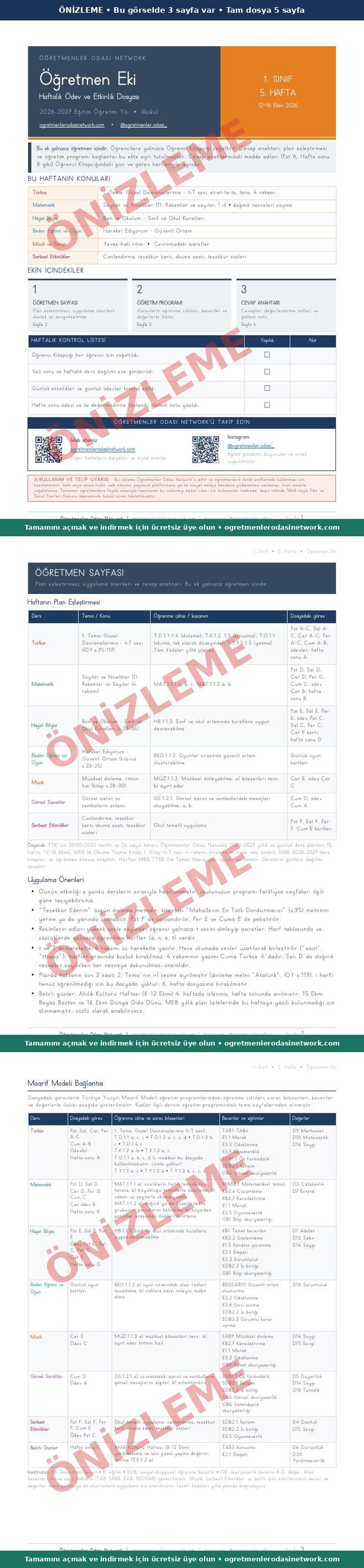 1. Sınıf · 5. Hafta · Öğretmen Eki önizleme