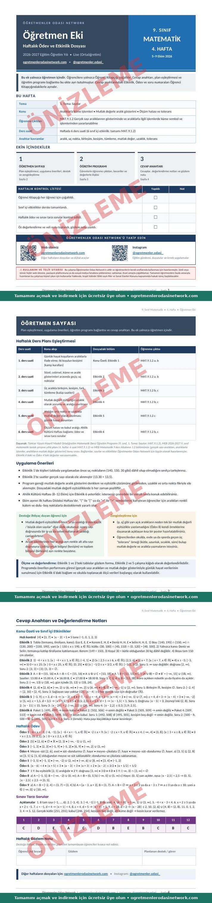 9. Sınıf · Matematik · 4. Hafta · Öğretmen Eki önizleme