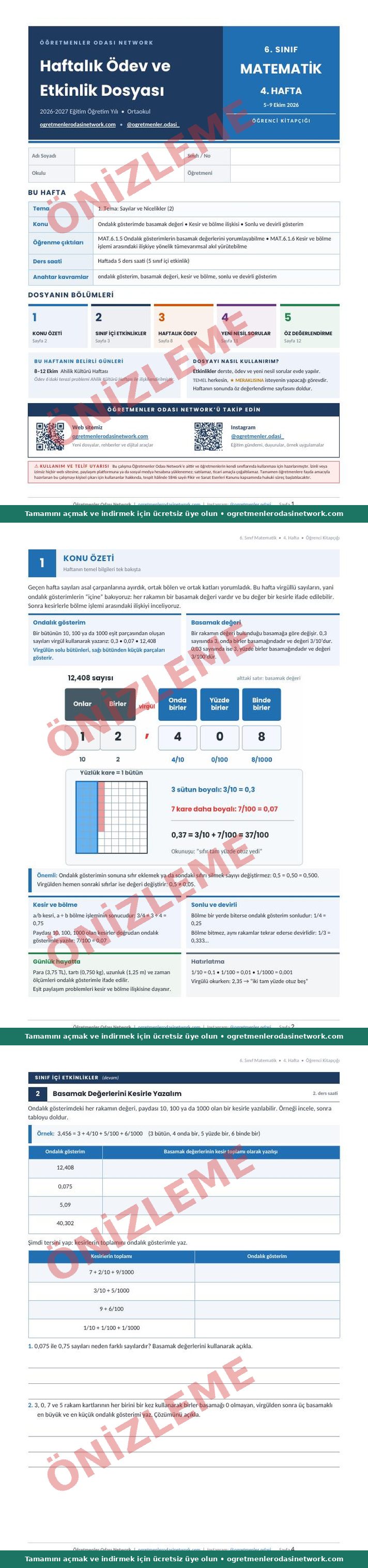 6. Sınıf · Matematik · 4. Hafta · Öğrenci Kitapçığı önizleme