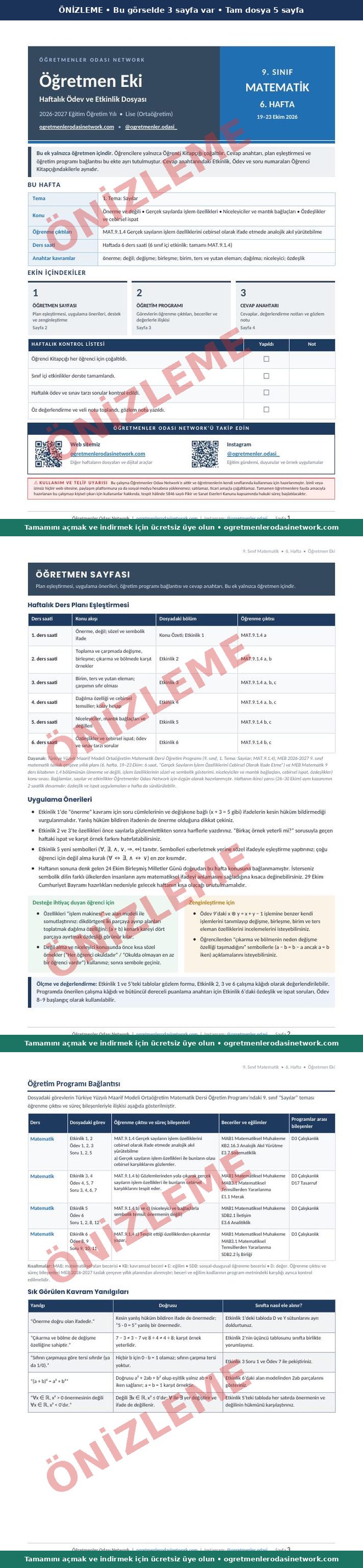 9. Sınıf · Matematik · 6. Hafta · Öğretmen Eki önizleme