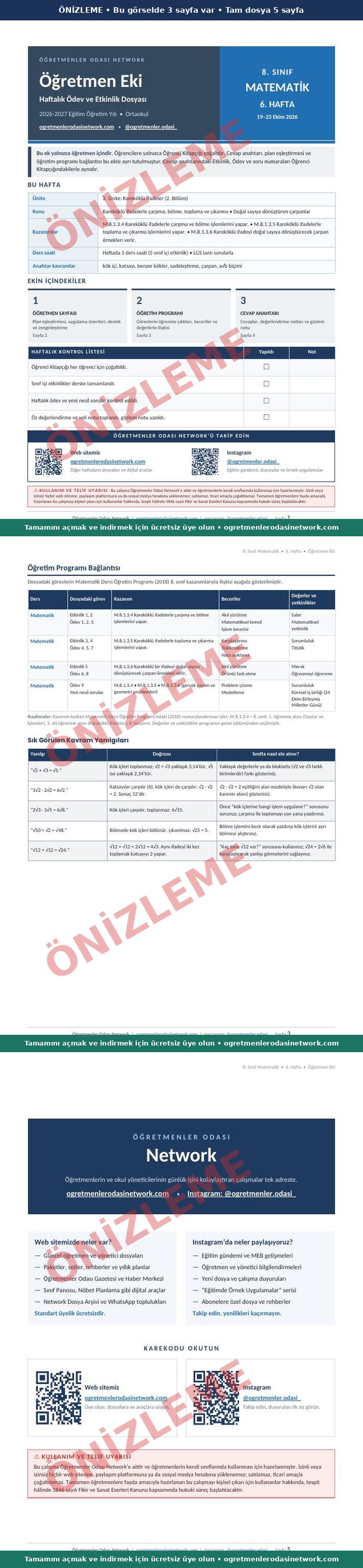 8. Sınıf · Matematik · 6. Hafta · Öğretmen Eki önizleme
