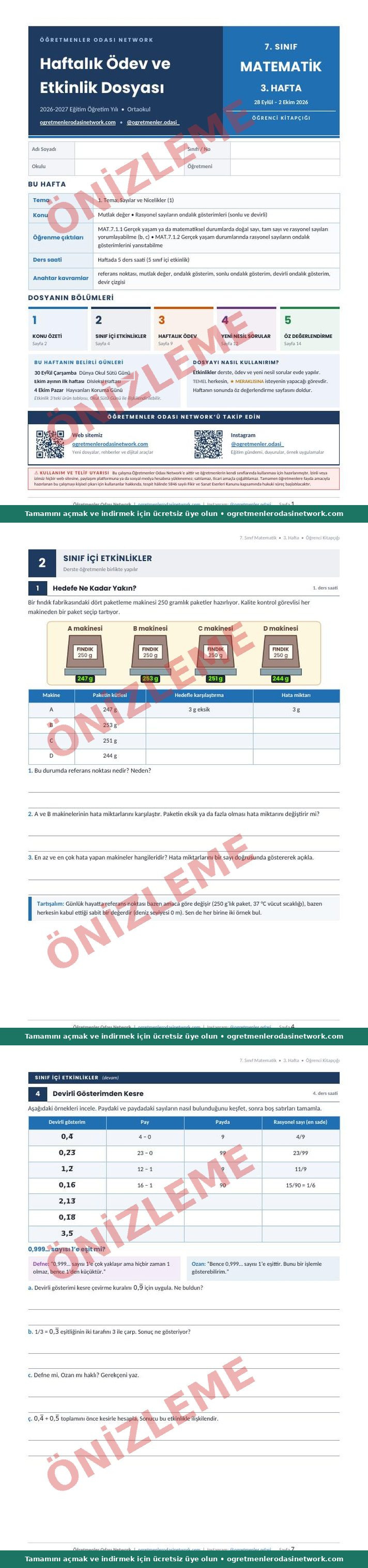 7. Sınıf · Matematik · 3. Hafta · Öğrenci Kitapçığı önizleme