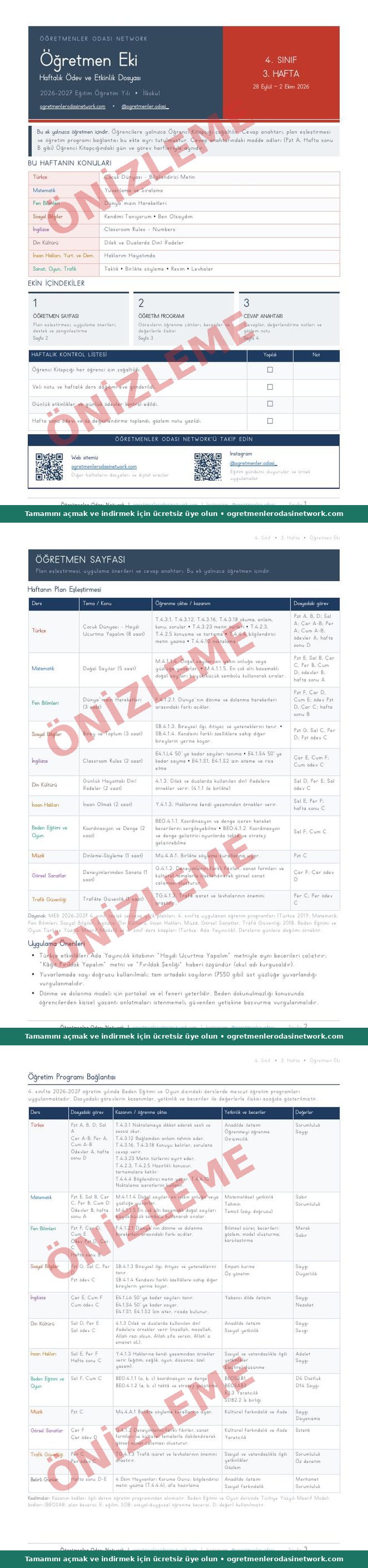 4. Sınıf · 3. Hafta · Öğretmen Eki önizleme