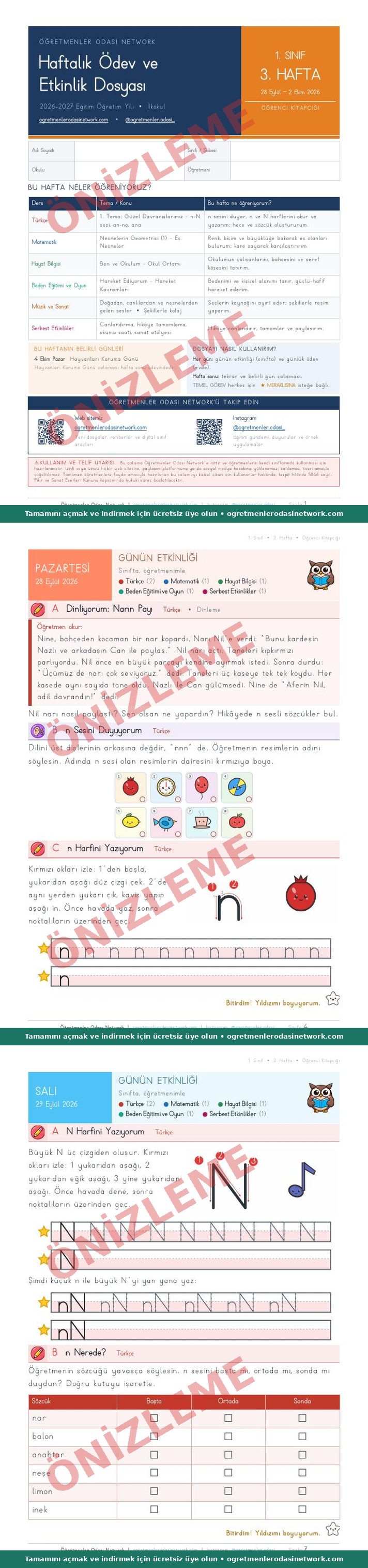 1. Sınıf · 3. Hafta · Öğrenci Kitapçığı önizleme