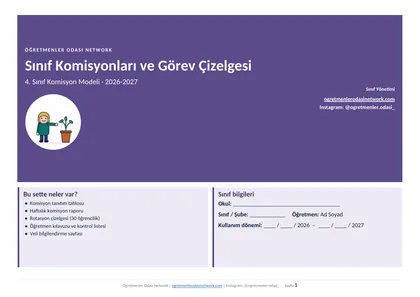 Görev Çizelgesi ve Kartları 4. Sınıf ilk sayfa önizlemesi
