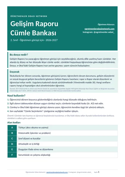 Gelişim Raporu Cümle Bankası 2. Sınıf ilk sayfa önizlemesi