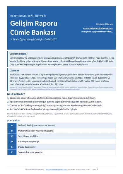 Gelişim Raporu Cümle Bankası 3. Sınıf ilk sayfa önizlemesi