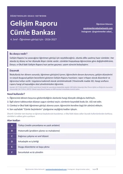 Gelişim Raporu Cümle Bankası 4. Sınıf ilk sayfa önizlemesi
