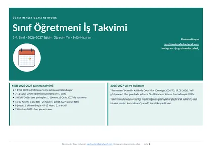 Sınıf Öğretmeni İş Takvimi 2026-2027 ilk sayfa önizlemesi