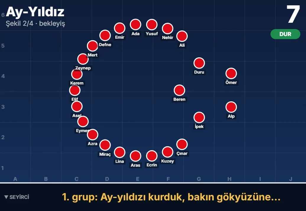29 Ekim gösterisi için ay-yıldız formasyonu ve altında koro şiirinin söylenecek satırını gösteren söz şeridi